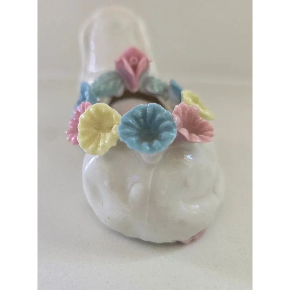 Vintage Porcelain Dachshund Pin Cushion White Ceramic Floral Dog Figurine